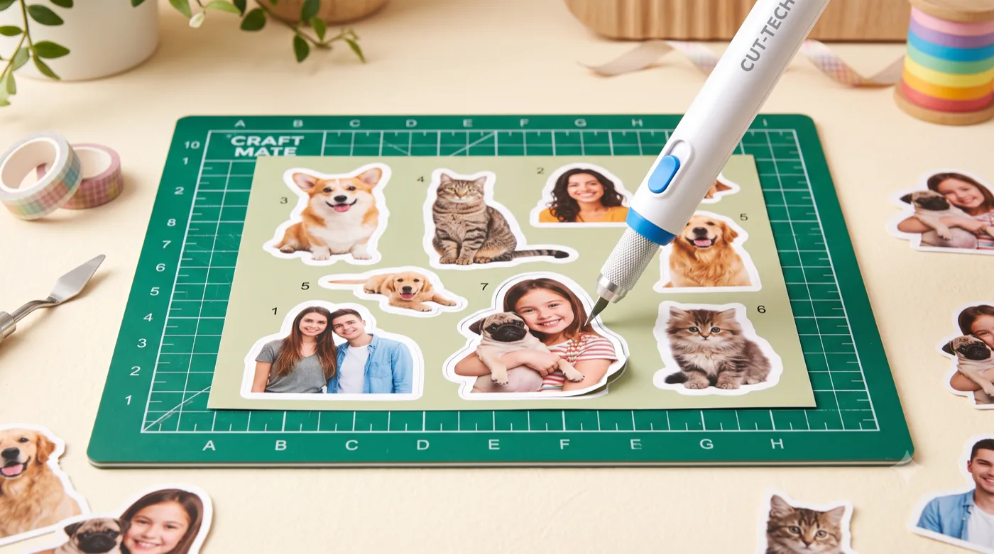 Photo stickers on a Cricut cutting mat being die-cut with Print Then Cut