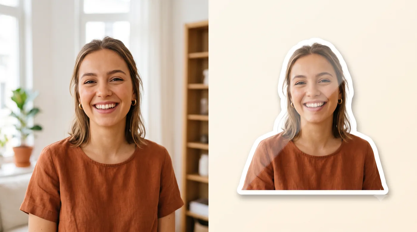 A portrait photo turned into a die-cut face sticker with a clean hair edge