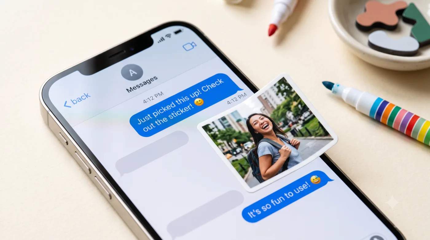 A photo cutout sticker peeled onto a blue iMessage-style message bubble
