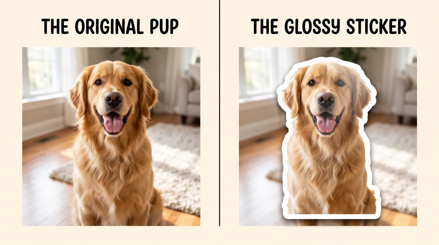 A pet photo turned into a glossy die-cut sticker with a clean fur edge