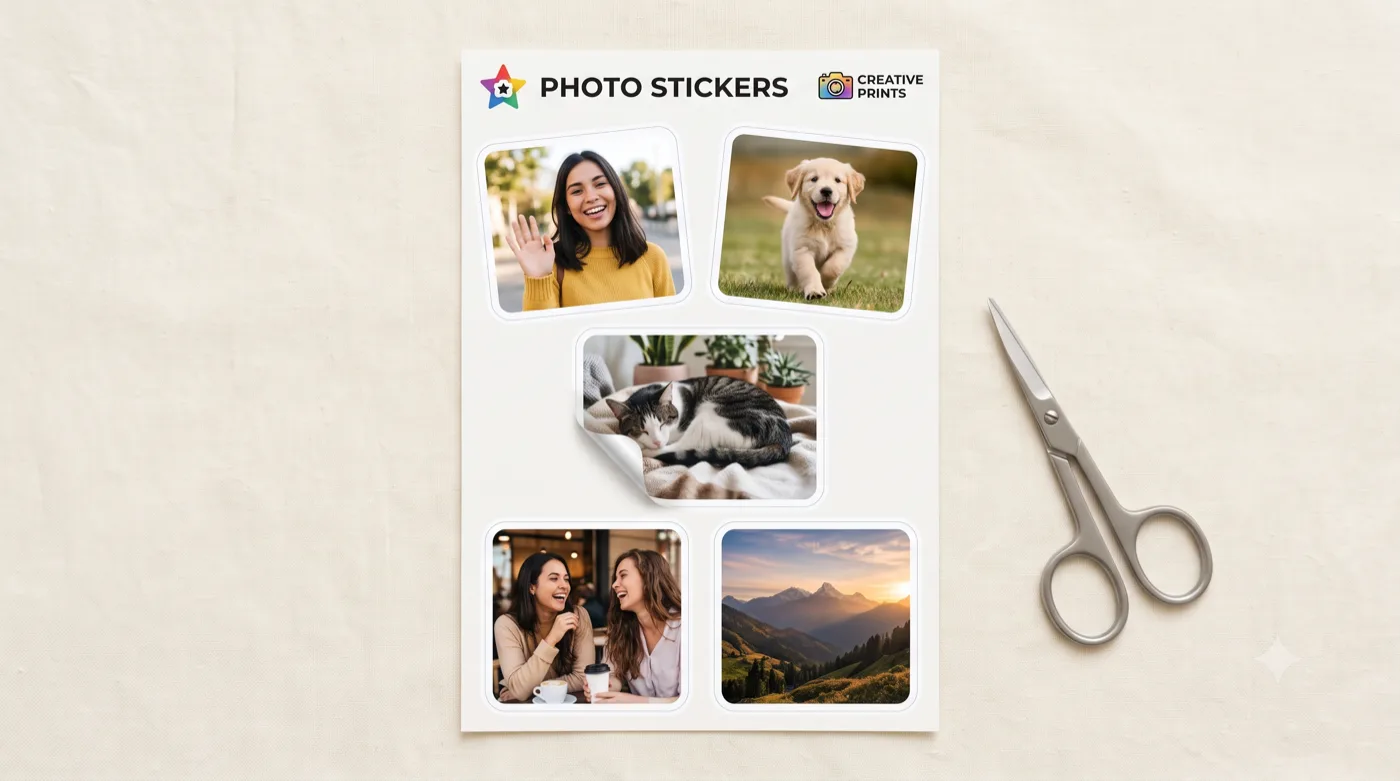 A printed sheet of die-cut photo stickers on glossy sticker paper