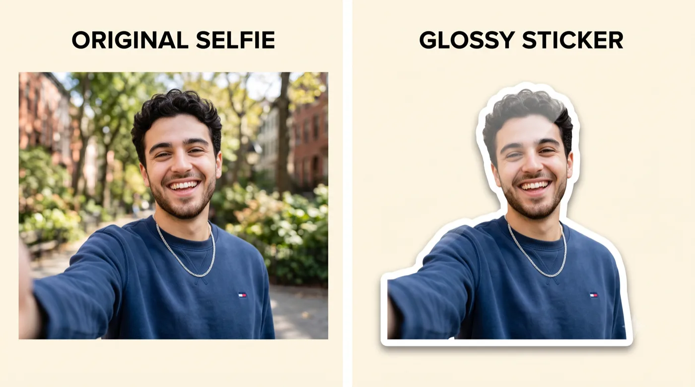 A phone selfie turned into a personal reaction sticker with a white border
