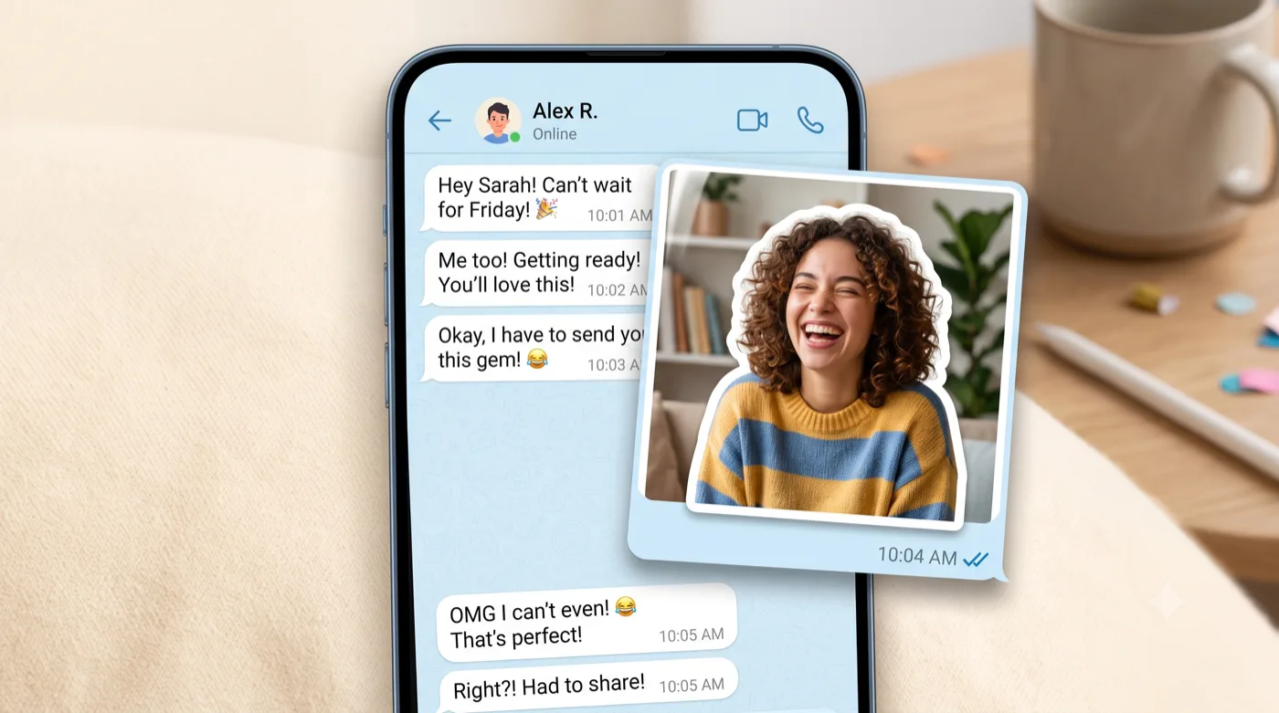 A custom photo sticker shown in a light-blue Telegram-style chat