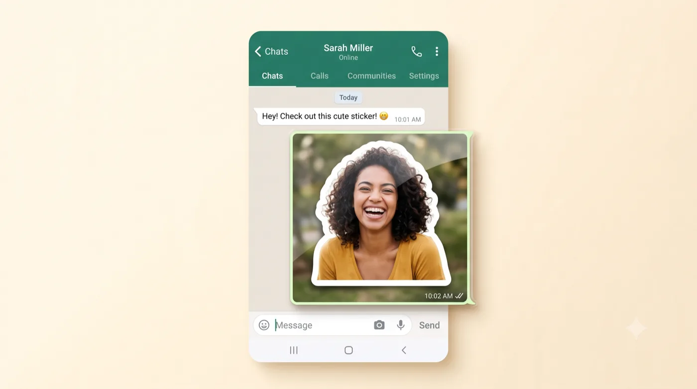 A custom photo sticker shown inside a green WhatsApp-style chat bubble